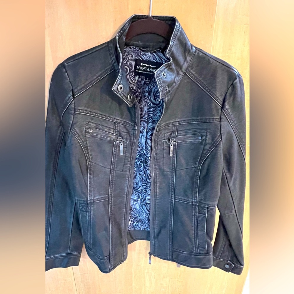 Montana Co, Faux Leather Moto Jacket. Size Small, Charcoal color. Like new